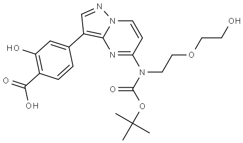 Benzoic acid, 4-[5-[[(1,1-dimethylethoxy)carbonyl][2-(2-hydroxyethoxy)ethyl]amino]pyrazolo[1,5-a]pyrimidin-3-yl]-2-hydroxy- Structure