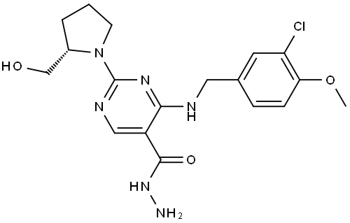 (S)-4-((3-chloro-4-methoxybenzyl)amino)-2-(2-(hydroxymethyl)pyrrolidin-1-yl)pyrimidine-5-carbohydrazide Structure