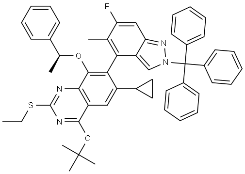 4-tert-butoxy-6-cyclopropyl-2-(ethylsulfanyl)-7-[6-fluoro-5-methyl-2-(triphenylmethyl)-2H-indazol-4-yl]-8-[(1S)-1-phenylethoxy]quinazoline Structure