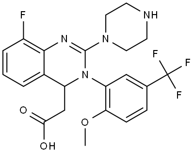 4-Quinazolineacetic acid, 8-fluoro-3,4-dihydro-3-[2-methoxy-5-(trifluoromethyl)phenyl]-2-(1-piperazinyl)- 구조식 이미지