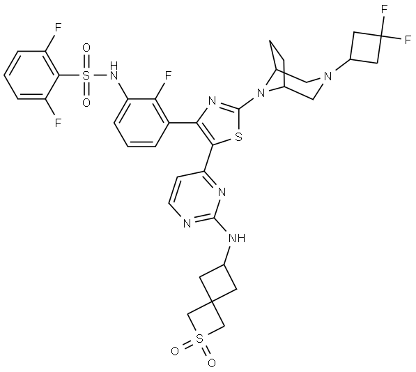 N-(3-(2-(3-(3,3-difluorocyclobutyl)-3,8-diazabicyclo[3.2.1]octan- 8-yl)-5-(2-((2,2-dioxido-2-thiaspiro[3.3]heptan-6- yl)amino)pyrimidin-4-yl)thiazol-4-yl)-2-fluorophenyl)-2,6- difluorobenzenesulfonami Structure