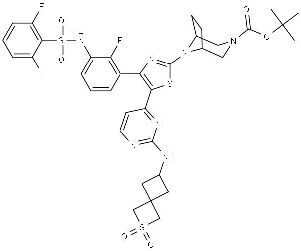 tert-butyl 8-(4-(3-(2,6-difluorophenylsulfonamido)-2-fluorophenyl)-5-(2-((2,2-dioxido-2-thiaspiro[3.3]heptan-6-yl)amino)pyrimidin-4-yl)thiazol-2-yl)-3,8-diazabicyclo[3.2.1]octane-3-carboxylate Structure