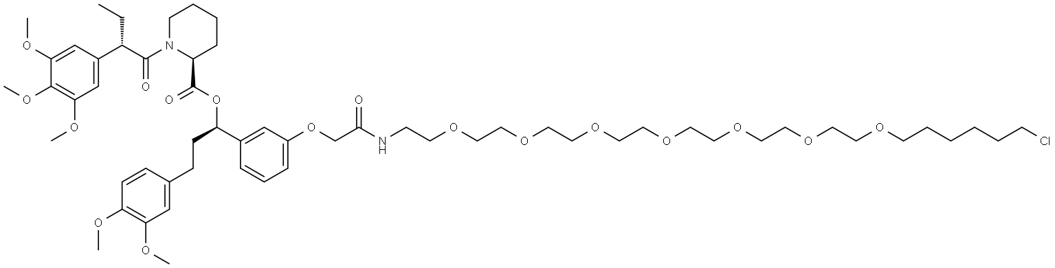 2-Piperidinecarboxylic acid, 1-[(2S)-1-oxo-2-(3,4,5-trimethoxyphenyl)butyl]-, (1R)-1-[3-[(30-chloro-2-oxo-6,9,12,15,18,21,24-heptaoxa-3-azatriacont-1-yl)oxy]phenyl]-3-(3,4-dimethoxyphenyl)propyl ester, (2S)- Structure