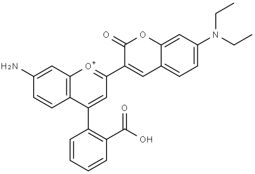 1-Benzopyrylium, 7-amino-4-(2-carboxyphenyl)-2-[7-(diethylamino)-2-oxo-2H-1-benzopyran-3-yl]- Structure