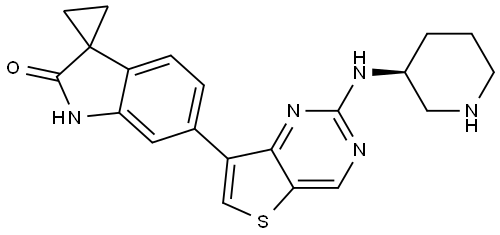 Spiro[cyclopropane-1,3′-[3H]indol]-2′(1′H)-one, 6′-[2-[(3S)-3-piperidinylamino]thieno[3,2-d]pyrimidin-7-yl]- Structure