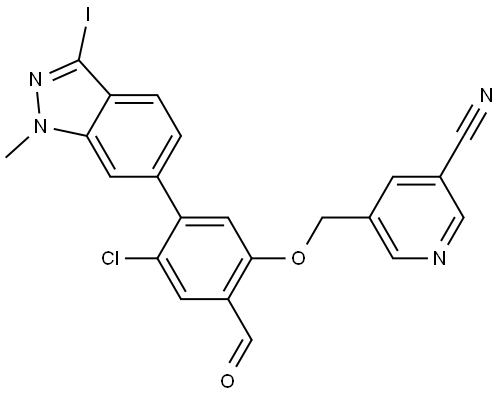 5-((4-chloro-2-formyl-5-(3-iodo-1-methyl-1H-indazol-6-yl)phenoxy)methyl)nicotinonitrile 구조식 이미지