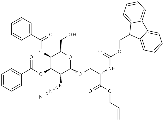 (2R,3R,4R,5R,6S)-6-[(S)-3-(Allyloxy)-2-(Fmoc-amino)-3-oxopropoxy]-5-azido-2-(hydroxymethyl)tetrahydro-2H-pyran-3,4-diyl Dibenzoate Structure