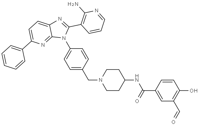 Benzamide, N-[1-[[4-[2-(2-amino-3-pyridinyl)-5-phenyl-3H-imidazo[4,5-b]pyridin-3-yl]phenyl]methyl]-4-piperidinyl]-3-formyl-4-hydroxy- Structure