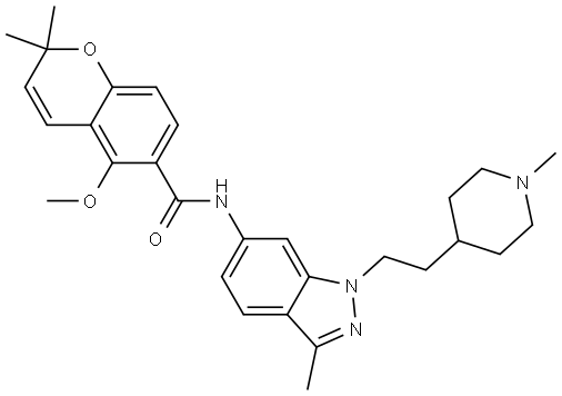 2H-1-Benzopyran-6-carboxamide, 5-methoxy-2,2-dimethyl-N-[3-methyl-1-[2-(1-methyl-4-piperidinyl)ethyl]-1H-indazol-6-yl]- Structure