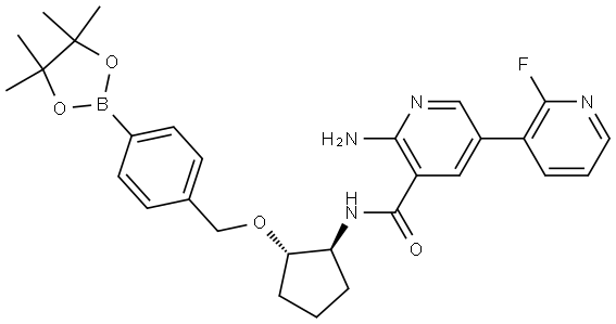 6-amino-2'-fluoro-N-[(1S,2S)-2-{[4-(4,4,5,5-tetramethyl-1,3,2-dioxaborolan-2- yl)phenyl]methoxy}cyclopentyl][3,3'-bipyridine]-5-carboxamide Structure