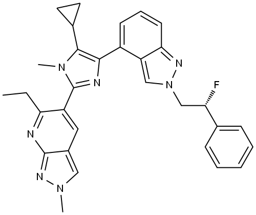 (R)-5-(5-cyclopropyl-4-(2-(2-fluoro-2-phenylethyl)-2H-indazol-4-yl)-1-methyl-1H-imidazol-2-yl)-6-ethyl-2-methyl-2H-pyrazolo[3,4-b]pyridine Structure