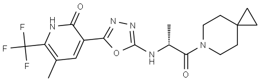 (R)-5-methyl-3-(5-((1-oxo-1-(6-azaspiro[2.5]octan-6-yl)propan-2-yl)amino)-1,3,4-oxadiazol-2-yl)-6-(trifluoromethyl)pyridin-2(1H)-one Structure