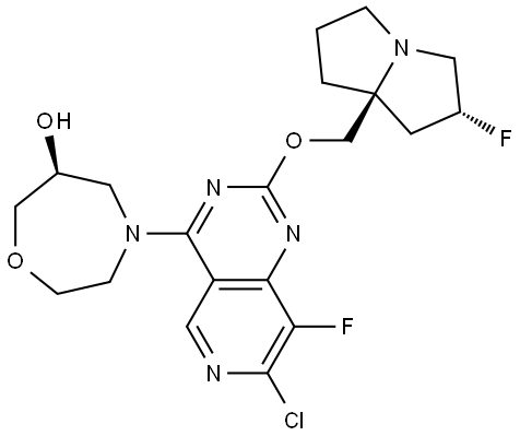 1,4-Oxazepin-6-ol, 4-[7-chloro-8-fluoro-2-[[(2R,7aS)-2-fluorotetrahydro-1H-pyrrolizin-7a(5H)-yl]methoxy]pyrido[4,3-d]pyrimidin-4-yl]hexahydro-, (6S)- Structure