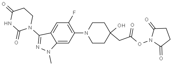 4-Piperidineacetic acid, 1-[5-fluoro-1-methyl-3-(tetrahydro-2,4-dioxo-1(2H)-pyrimidinyl)-1H-indazol-6-yl]-4-hydroxy-, 2,5-dioxo-1-pyrrolidinyl ester Structure