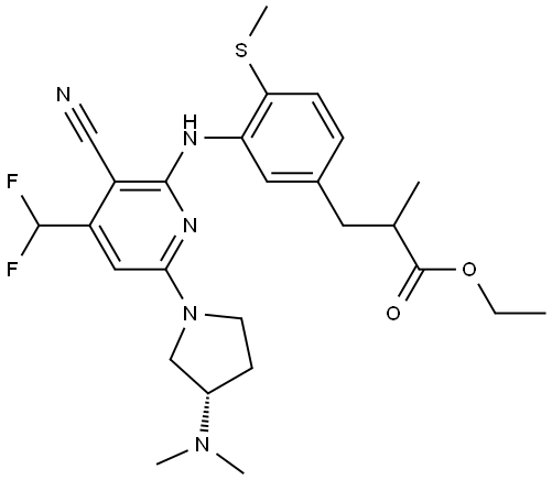 ethyl 3-(3-{[3-cyano-4-(difluoromethyl)-6-[(3S)-3-(dimethylamino)pyrrolidin-1-yl]pyridin-2-yl]amino}-4-(methylsulfanyl)phenyl)-2-methylpropanoate Structure