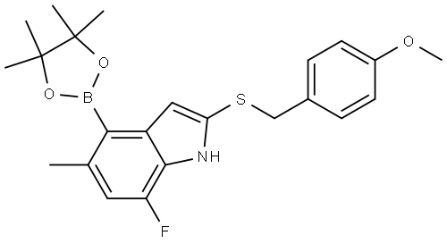 7-fluoro-2-((4-methoxybenzyl)thio)-5-methyl-4-(4,4,5,5-tetramethyl-1,3,2-dioxaborolan-2-yl)-1H-indole 구조식 이미지