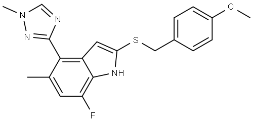 7-fluoro-2-((4-methoxybenzyl)thio)-5-methyl-4-(1-methyl-1H-1,2,4-triazol-3-yl)-1H-indole Structure