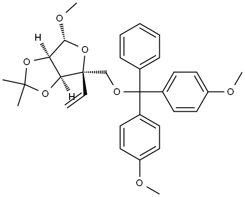 α-L-lyxo-Hex-5-enofuranoside, methyl 4-C-[[bis(4-methoxyphenyl)phenylmethoxy]methyl]-5,6-dideoxy-2,3-O-(1-methylethylidene)- Structure