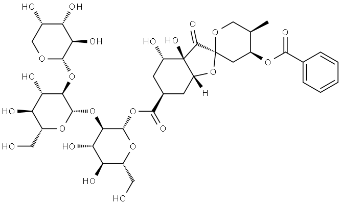 β-D-Glucopyranose, O-α-L-arabinopyranosyl-(1→2)-O-β-D-glucopyranosyl-(1→2)-, 1-[(2S,3aR,4S,4'S,5'R,6S,7aR)-4'-(benzoyloxy)decahydro-3a,4-dihydroxy-5'-methyl-3-oxospiro[benzofuran-2(3H),2'-[2H]pyran]-6-carboxylate] Structure