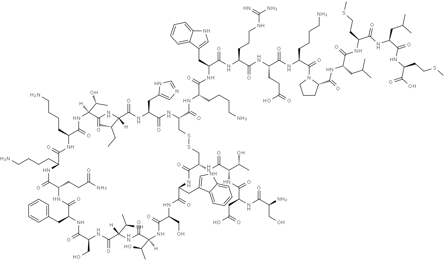 L-Methionine, L-seryl-L-α-aspartyl-L-threonyl-L-cysteinyl-L-tryptophyl-L-seryl-L-threonyl-L-threonyl-L-seryl-L-phenylalanyl-L-glutaminyl-L-lysyl-L-lysyl-L-threonyl-L-isoleucyl-L-histidyl-L-cysteinyl-L-lysyl-L-tryptophyl-L-arginyl-L-α-glutamyl-L-lysyl-L-prolyl-L-leucyl-L-methionyl-L-leucyl-, cyclic (4→17)-disulfide Structure