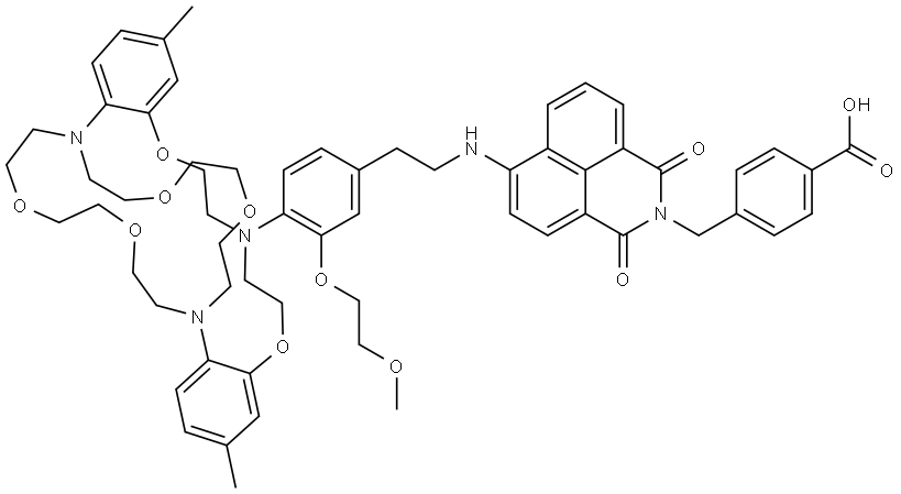 Benzoic acid, 4-[[6-[[2-[4-(6,7,9,10,12,13,20,21,23,24-decahydro-2,17-dimethyl-5,14-(ethanoxyethanoxyethano)-5H,14H,22H-dibenzo[h,q][1,4,10,16,7,13,19]tetraoxatriazacycloheneicosin-22-yl)-3-(2-methoxyethoxy)phenyl]ethyl]amino]-1,3-dioxo-1H-benz[de]isoquinolin-2(3H)-yl]methyl]- Structure