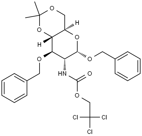 ((4aR,6S,7R,8R,8aS)-6,8-Bis-benzyloxy-2,2-dimethyl-hexahydro-pyrano[3,2-d][1,3]dioxin-7-yl)-carbamic acid 2,2,2-trichloro-ethyl ester Structure