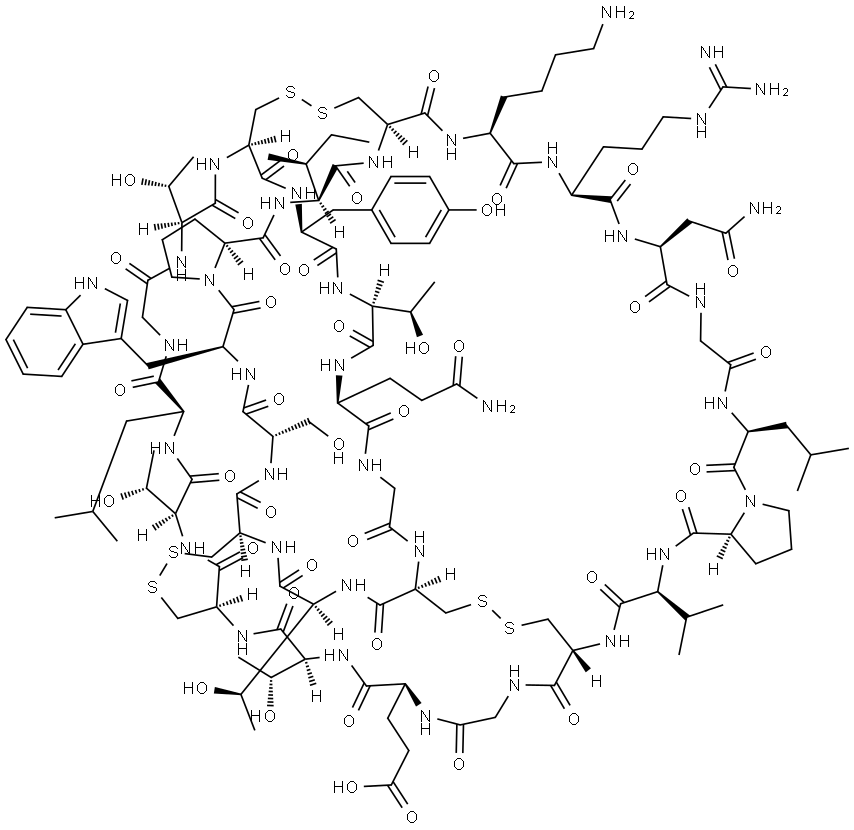 Cyclo(L-arginyl-L-asparaginylglycyl-L-leucyl-L-prolyl-L-valyl-L-cysteinylglycyl-L-α-glutamyl-L-threonyl-L-cysteinyl-L-threonyl-L-leucylglycyl-L-threonyl-L-cysteinyl-L-tyrosyl-L-threonyl-L-glutaminylglycyl-L-cysteinyl-L-threonyl-L-cysteinyl-L-seryl-L-tryptophyl-L-prolyl-L-isoleucyl-L-cysteinyl-L-lysy… Structure