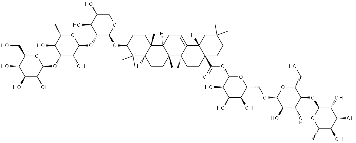 Olean-12-en-28-oic acid, 3-[(O-β-D-glucopyranosyl-(1→3)-O-6-deoxy-α-L-mannopyranosyl-(1→2)-β-D-xylopyranosyl)oxy]-, O-6-deoxy-α-L-mannopyranosyl-(1→4)-O-β-D-glucopyranosyl-(1→6)-β-D-glucopyranosyl ester, (3β)- Structure