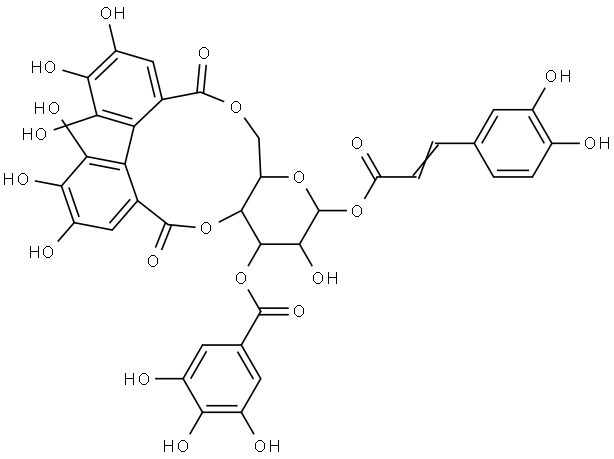 β-D-Glucopyranose, cyclic 4,6-[(1S)-4,4′,5,5′,6,6′-hexahydroxy[1,1′-biphenyl]-2,2′-dicarboxylate] 1-[(2E)-3-(3,4-dihydroxyphenyl)-2-propenoate] 3-(3,4,5-trihydroxybenzoate) Structure