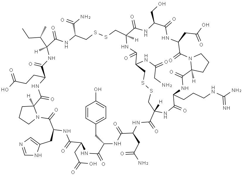 L-Cysteinamide, glycyl-L-cysteinyl-L-cysteinyl-L-seryl-L-α-aspartyl-L-prolyl-L-arginyl-L-cysteinyl-L-asparaginyl-L-tyrosyl-L-α-aspartyl-L-histidyl-L-prolyl-L-α-glutamyl-L-isoleucyl-, cyclic (2→8),(3→16)-bis(disulfide) Structure