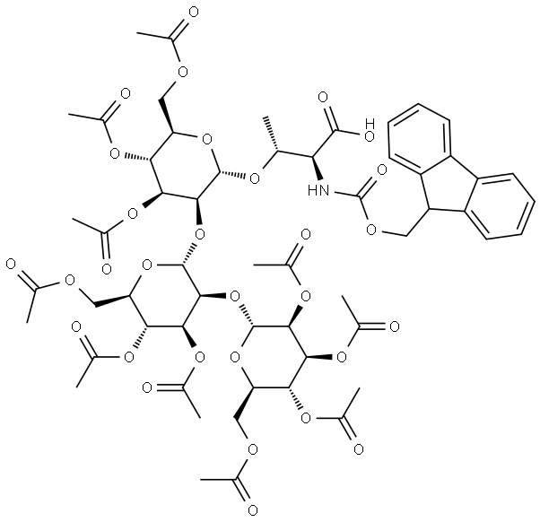 L-Threonine, N-[(9H-fluoren-9-ylmethoxy)carbonyl]-O-(O-2,3,4,6-tetra-O-acetyl-α-D-mannopyranosyl-(1→2)-O-3,4,6-tri-O-acetyl-α-D-mannopyranosyl-(1→2)-3,4,6-tri-O-acetyl-α-D-mannopyranosyl)- 구조식 이미지