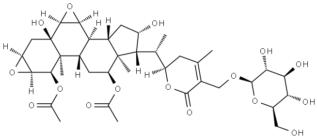 Ergost-24-en-26-oic acid, 1,12-bis(acetyloxy)-2,3:6,7-diepoxy-27-(β-D-glucopyranosyloxy)-5,16,22-trihydroxy-, δ-lactone, (1α,2α,3α,5α,6α,7α,12α,16β,22R)- Structure