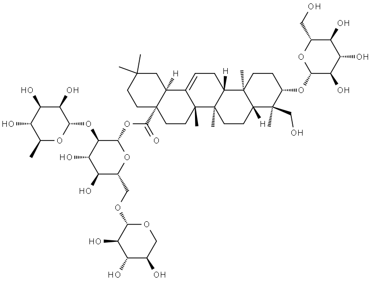 Olean-12-en-28-oic acid, 3-(β-D-glucopyranosyloxy)-23-hydroxy-, O-6-deoxy-α-L-mannopyranosyl-(1→2)-O-[β-D-xylopyranosyl-(1→6)]-β-D-glucopyranosyl ester, (3β,4α)- Structure