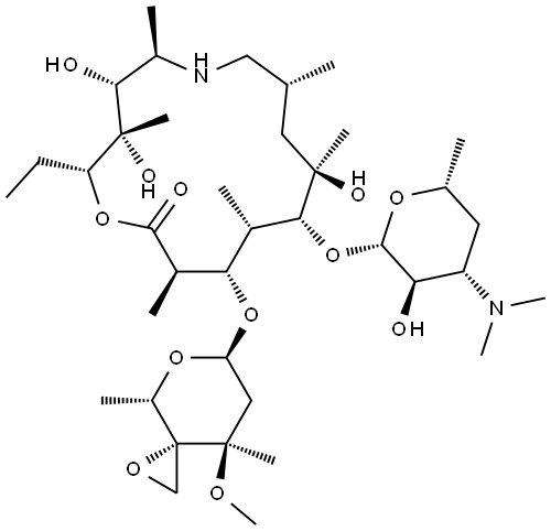 1-Oxa-6-azacyclopentadecan-15-one, 2-ethyl-3,4,10-trihydroxy-13-[[(3R,4S,6R,8R)-8-methoxy-4,8-dimethyl-1,5-dioxaspiro[2.5]oct-6-yl]oxy]-3,5,8,10,12,14-hexamethyl-11-[[3,4,6-trideoxy-3-(dimethylamino)-β-D-xylo-hexopyranosyl]oxy]-, (2R,3S,4R,5R,8R,10R,11R,12S,13S,14R)- Structure