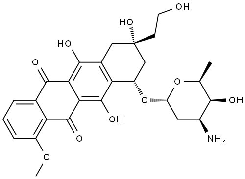 5,12-Naphthacenedione, 10-[(3-amino-2,3,6-trideoxy-α-L-lyxo-hexopyranosyl)oxy]-7,8,9,10-tetrahydro-6,8,11-trihydroxy-8-(2-hydroxyethyl)-1-methoxy-, (8R,10S)- Structure