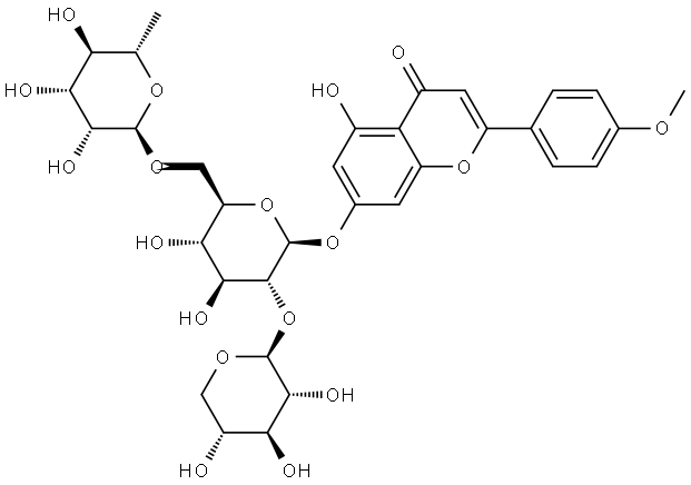 4H-1-Benzopyran-4-one, 7-[(O-6-deoxy-α-L-mannopyranosyl-(1→6)-O-[β-D-xylopyranosyl-(1→2)]-β-D-glucopyranosyl)oxy]-5-hydroxy-2-(4-methoxyphenyl)- Structure