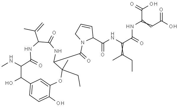 Aspartic acid, (βS)-β,3-dihydroxy-N-methyl-L-tyrosyl-3,4-didehydro-L-valyl-3-hydroxy-L-isoleucyl-3,4-didehydro-L-prolyl-(2E)-2,3-didehydroisoleucyl-2,3-didehydro-, cyclic (13→3)-ether, (2E)- Structure