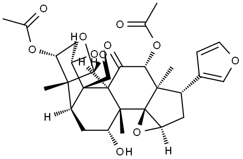 24-Norchola-20,22-diene-4-carboxaldehyde, 3,12-bis(acetyloxy)-14,15:21,23-diepoxy-1,7,19-trihydroxy-4,8-dimethyl-11-oxo-, cyclic 4,19-hemiacetal, [[C(S)],1α,3α,4β,5α,7α,12α,13α,14β,15β,17α]- (9CI) Structure