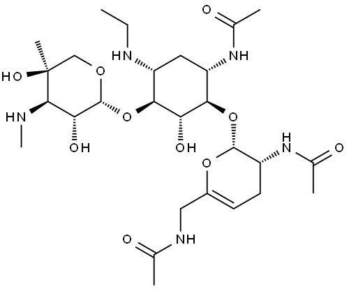 D-Streptamine, O-2,6-bis(acetylamino)-2,3,4,6-tetradeoxy-α-D-glycero-hex-4-enopyranosyl-(1→4)-O-[3-deoxy-4-C-methyl-3-(methylamino)-β-L-arabinopyranosyl-(1→6)]-N3-acetyl-2-deoxy-N1-ethyl- (9CI) 구조식 이미지