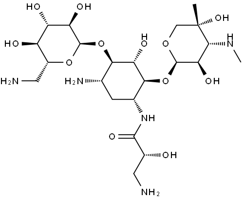 D-Streptamine, O-6-amino-6-deoxy-α-D-glucopyranosyl-(1→4)-O-[3-deoxy-4-C-methyl-3-(methylamino)-β-L-arabinopyranosyl-(1→6)]-N1-(3-amino-2-hydroxy-1-oxopropyl)-2-deoxy-, (R)- (9CI) Structure