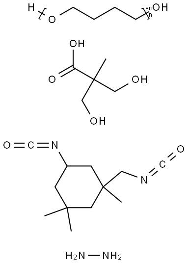 히드라진,  α-하이드록시-ω-하이드록시폴리(옥시-1,4-뷰테인다이일)과  5-아이소사이아네이토-1-(아이소사이아네이토메틸)-1,3,3-트  라이메틸사이클로헥세인과 결합한  3-하이드록시-2-(하이드록시메틸)-2-메틸프로판산 중합체 구조식 이미지