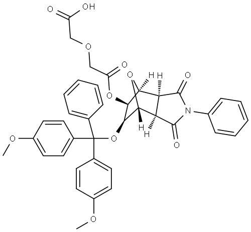 2-(2-(((3aR,4R,5R,6S,7S,7aS)-6-(bis(4-methoxyphenyl)(phenyl)methoxy)-1,3-dioxo-2-phenyloctahydro-1H-4,7-epoxyisoindol-5-yl)oxy)-2-oxoethoxy)acetic acid Structure