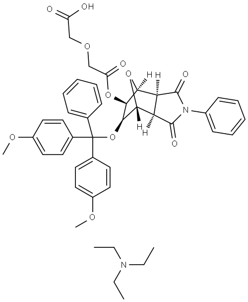 triethylamine 2-(2-(((3aR,4R,5R,6S,7S,7aS)-6-(bis(4-methoxyphenyl)(phenyl)methoxy)-1,3-dioxo-2-phenyloctahydro-1H-4,7-epoxyisoindol-5-yl)oxy)-2-oxoethoxy)acetate 구조식 이미지