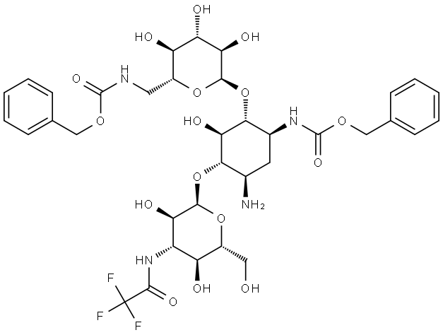 D-Streptamine, O-6-deoxy-6-[[(phenylmethoxy)carbonyl]amino]-α-D-glucopyranosyl-(1→4)-O-[3-deoxy-3-[(trifluoroacetyl)amino]-α-D-glucopyranosyl-(1→6)]-2-deoxy-N3-[(phenylmethoxy)carbonyl]- (9CI) 구조식 이미지