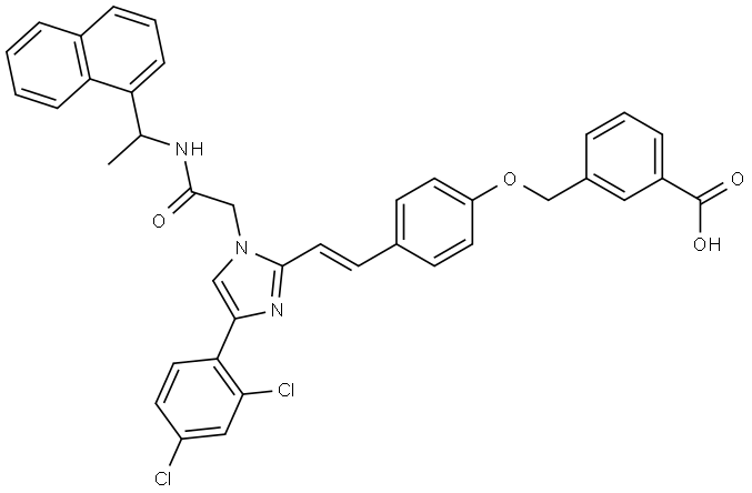 Benzoic acid, 3-[[4-[(1E)-2-[4-(2,4-dichlorophenyl)-1-[2-[[1-(1-naphthalenyl)ethyl]amino]-2-oxoethyl]-1H-imidazol-2-yl]ethenyl]phenoxy]methyl]- Structure