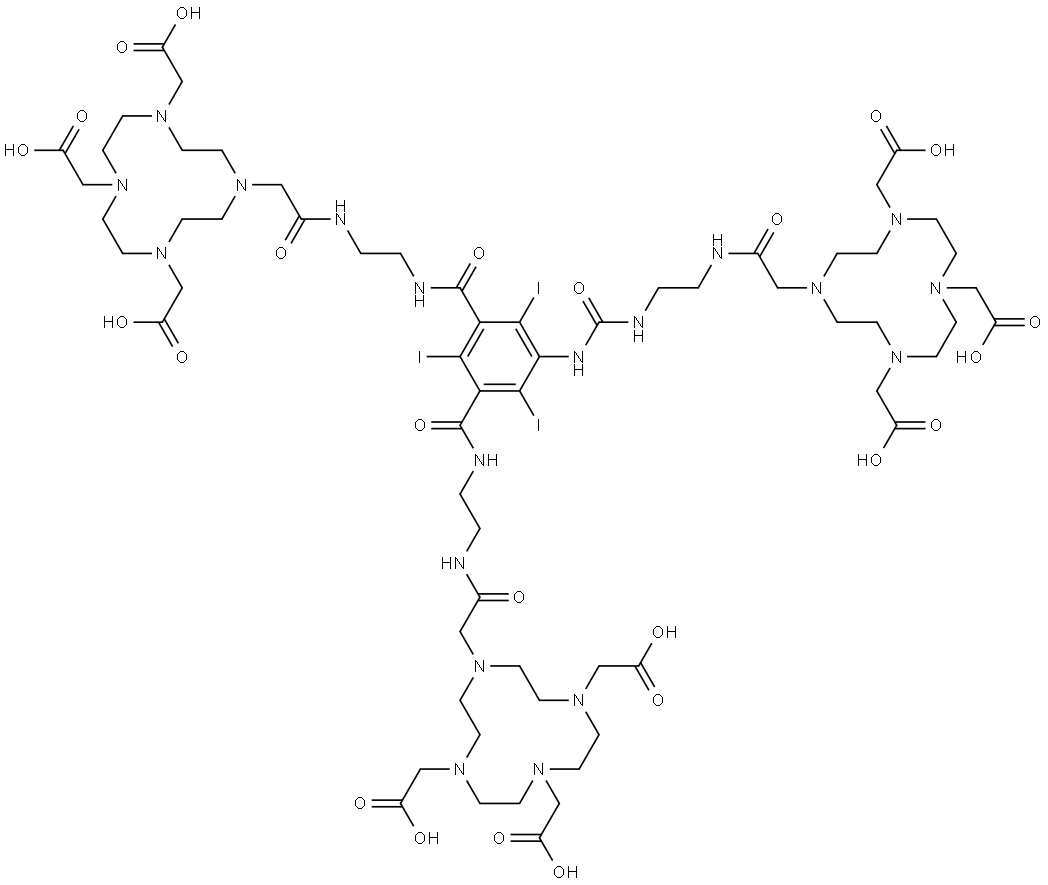 1,4,7,10-Tetraazacyclododecane-1,4,7-triaceticacid, 10,10'-[(2,4,6-triiodo-5-[[[[2-[[[4,7,10-
tris(carboxymethyl)-1,4,7,10-tetraazacyclododec-1-yl]acetyl]amino]ethyl]amino]carbonyl]amino]-1,3-
phenylene)bis[carbonylimino-2,1-ethanediylimino(2-oxo-2,1-etha Structure