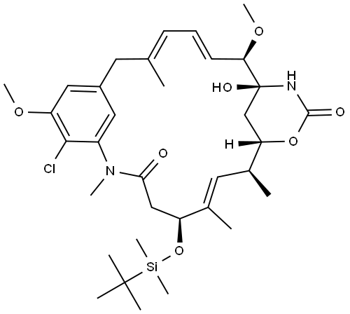 Maytansine, 3-O-de[2-(acetylmethylamino)-1-oxopropyl]-4,5-deepoxy-4,5-didehydro-3-O-[(1,1-dimethylethyl)dimethylsilyl]-, (4E)- (9CI) Structure