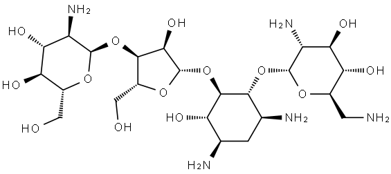 D-Streptamine, O-2-amino-2-deoxy-α-D-glucopyranosyl-(1→3)-O-β-D-ribofuranosyl-(1→5)-O-[2,6-diamino-2,6-dideoxy-α-D-glucopyranosyl-(1→4)]-2-deoxy- Structure