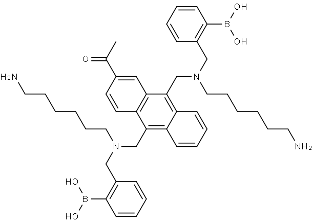 Boronic acid, B,B'-[(2-acetyl-9,10-anthracenediyl)bis[methylene[(6-aminohexyl)imino]methylene-2,1-phenylene]]bis- Structure