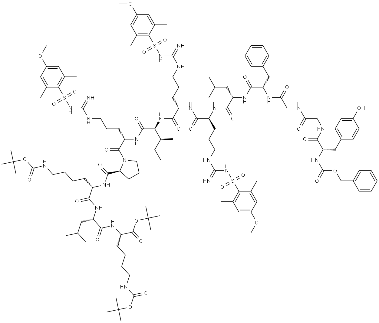 L-Lysine, N-[(phenylmethoxy)carbonyl]-L-tyrosylglycylglycyl-L-phenylalanyl-L-leucyl-N5-[imino[[(4-methoxy-2,6-dimethylphenyl)sulfonyl]amino]methyl]-L-ornithyl-N5-[imino[[(4-methoxy-2,6-dimethylphenyl)sulfonyl]amino]methyl]-L-ornithyl-L-isoleucyl-N5-[imino[[(4-methoxy-2,6-dimethylphenyl)sulfonyl]amino]methyl]-L-ornithyl-L-prolyl-N6-[(1,1-dimethylethoxy)carbonyl]-L-lysyl-L-leucyl-N6-[(1,1-dimethylethoxy)carbonyl]-, 1,1-dimethylethyl ester 구조식 이미지